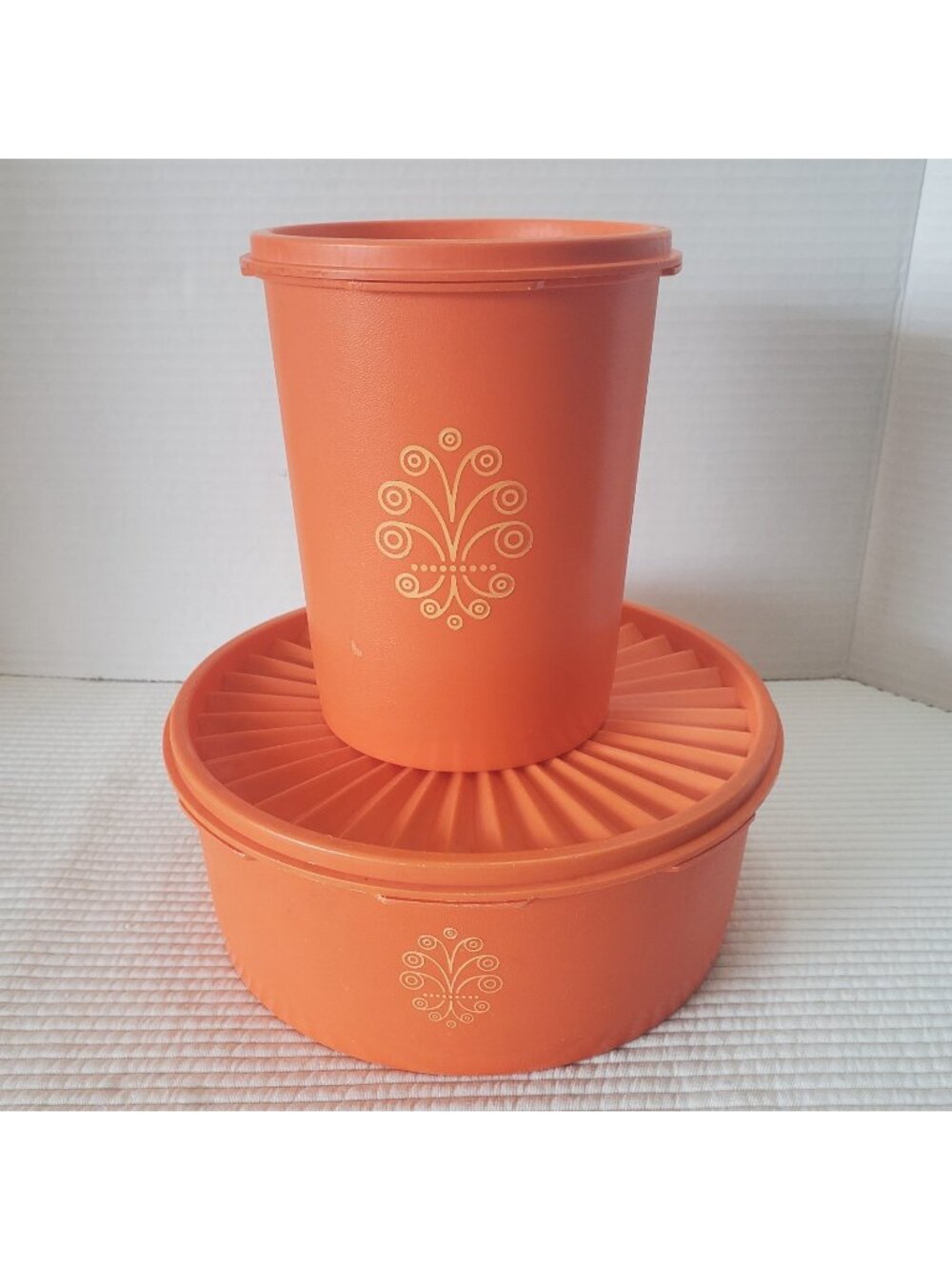 2 Tupperware Servalier Canister Vintage Sunburst Harvest Orange Stackable 1970s